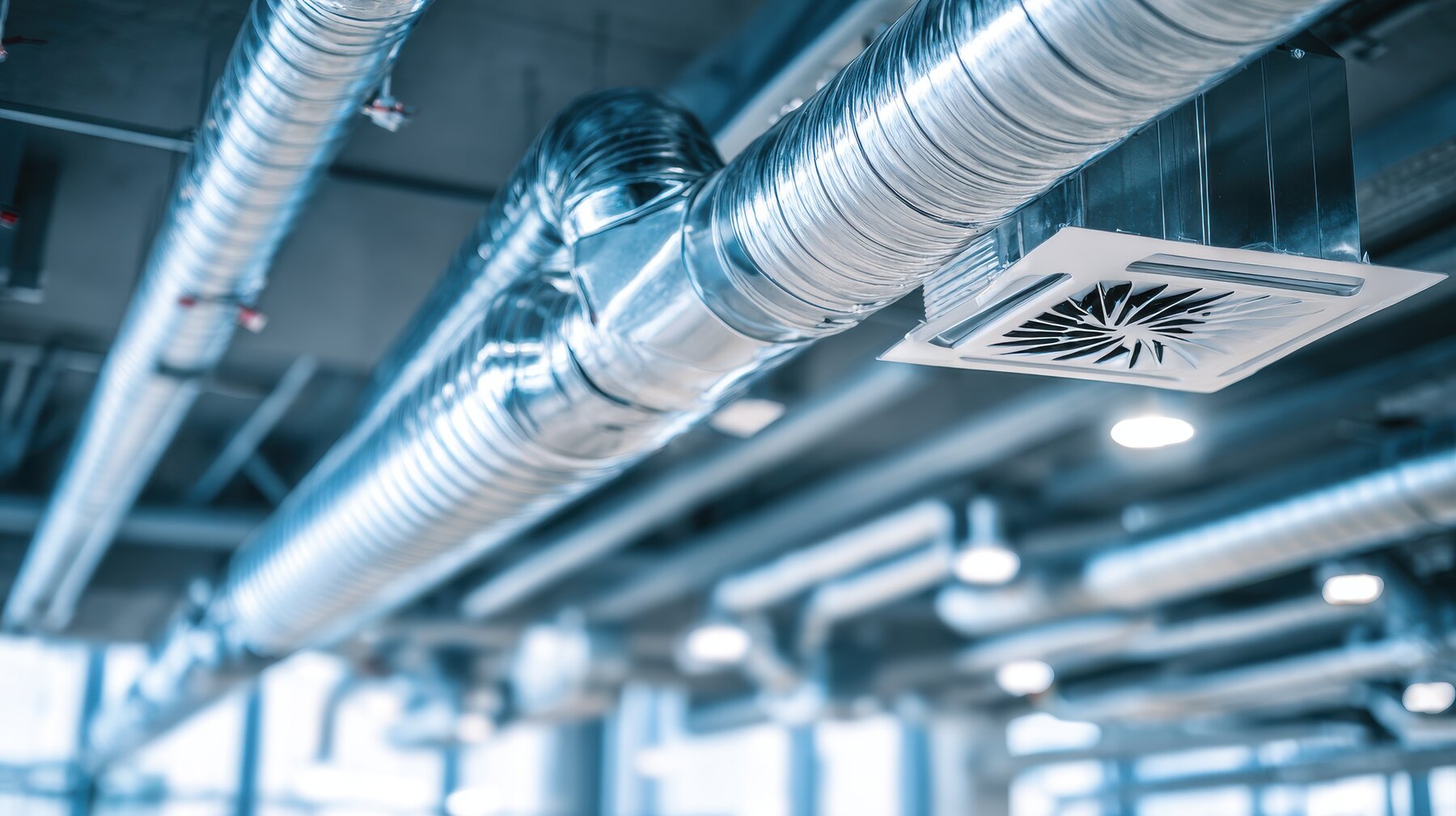 Deckenmontierte Lüftungsrohre und Klimaanlage mit Kaltwassertechnik
