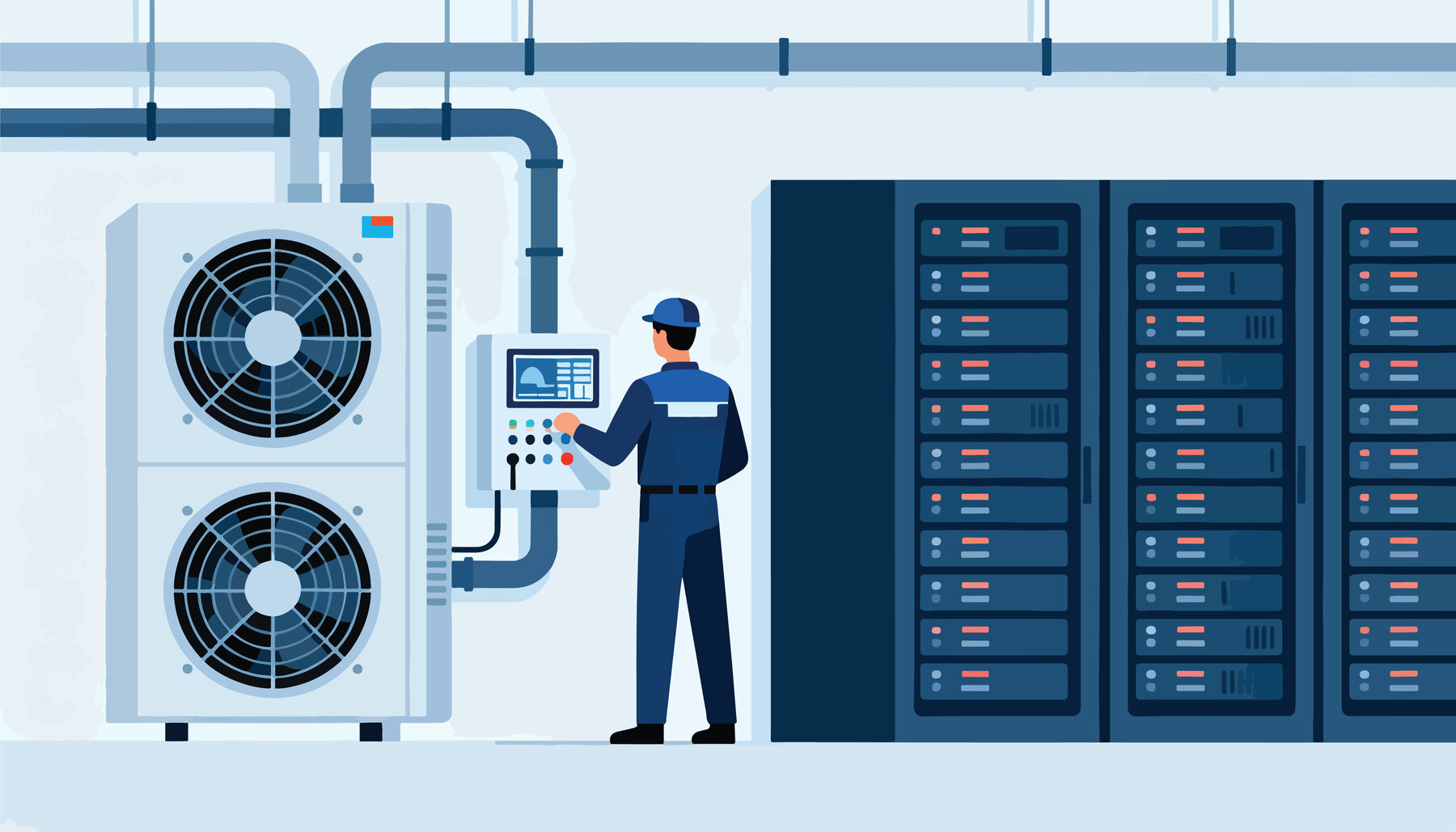 Techniker bei der Wartung einer Kälteanlage im Rechenzentrum