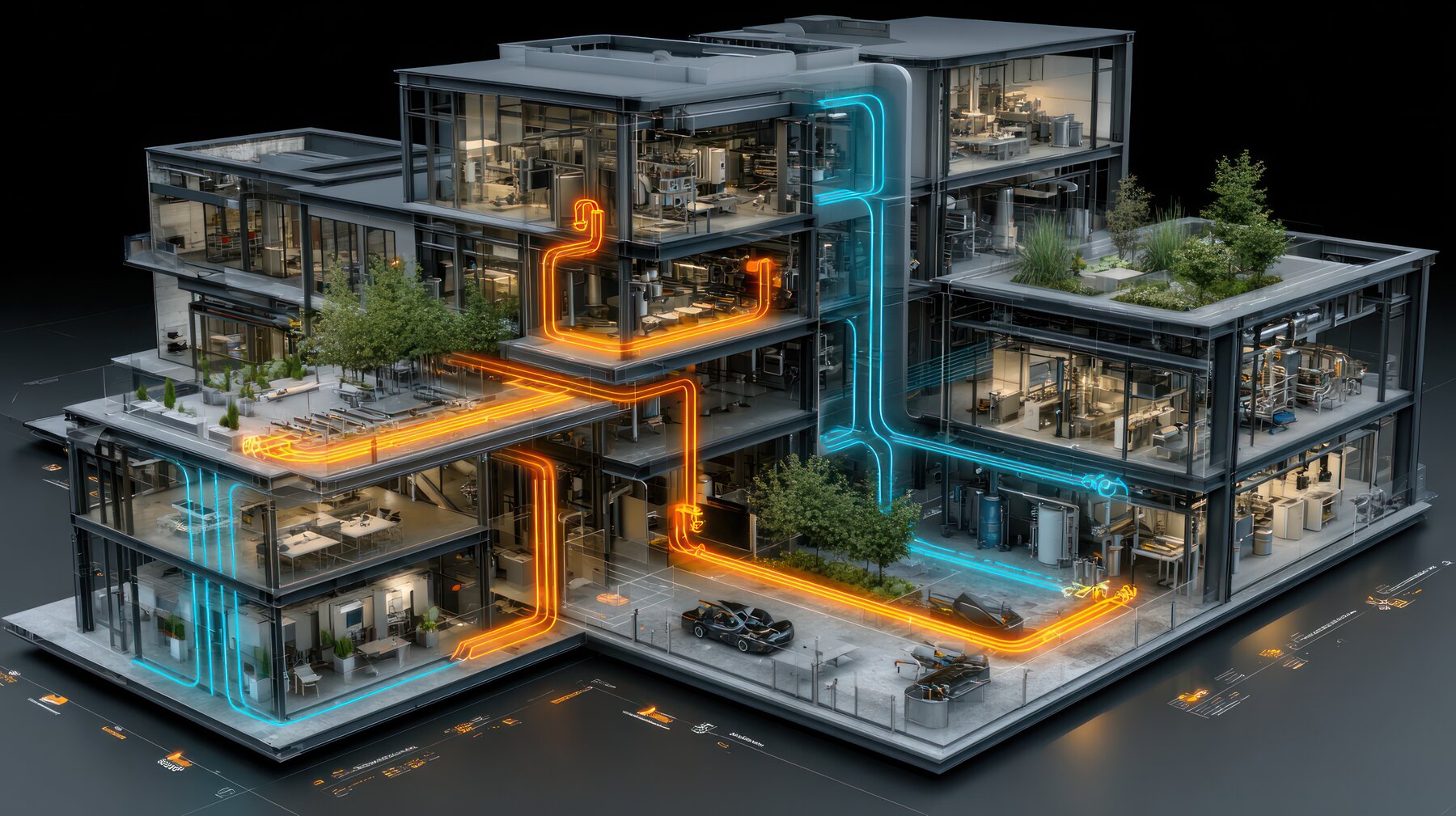 3D-Visualisierung eines Gebäude-Klimasystems 3D-Schnittansicht eines Gebäudes mit Lüftungs- und Klimasystem
