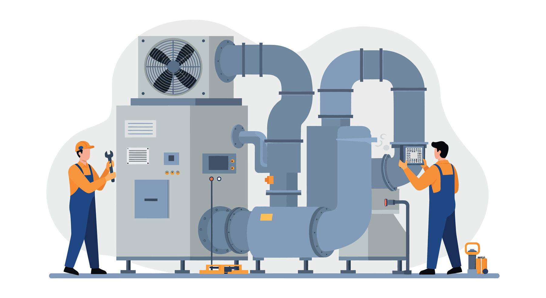 Wartung einer Kälte- und Lüftungsanlage Zwei Techniker bei der Wartung einer industriellen Kälte- und Lüftungsanlage